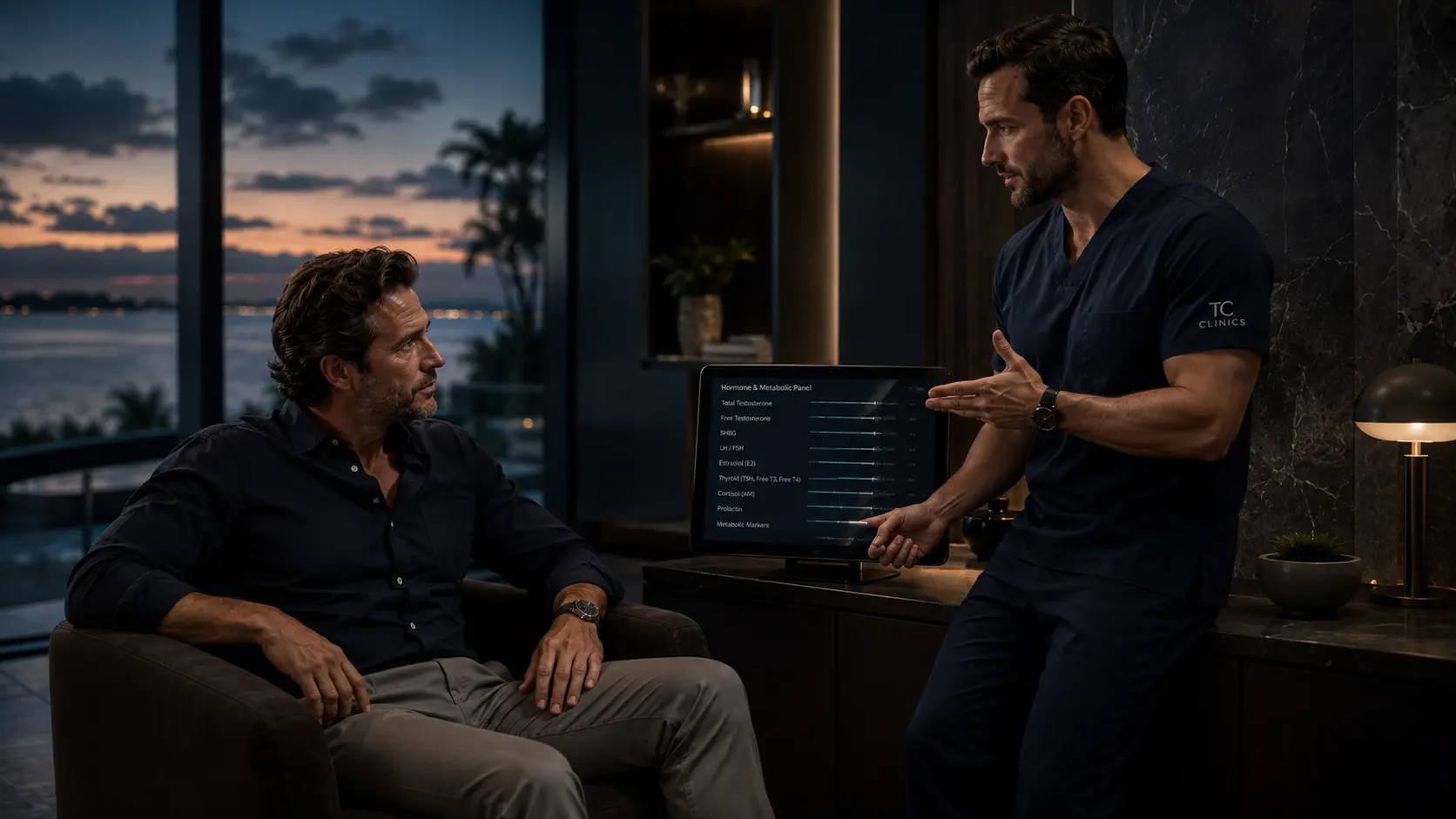 Two men in conversation in a dark lounge at dusk
