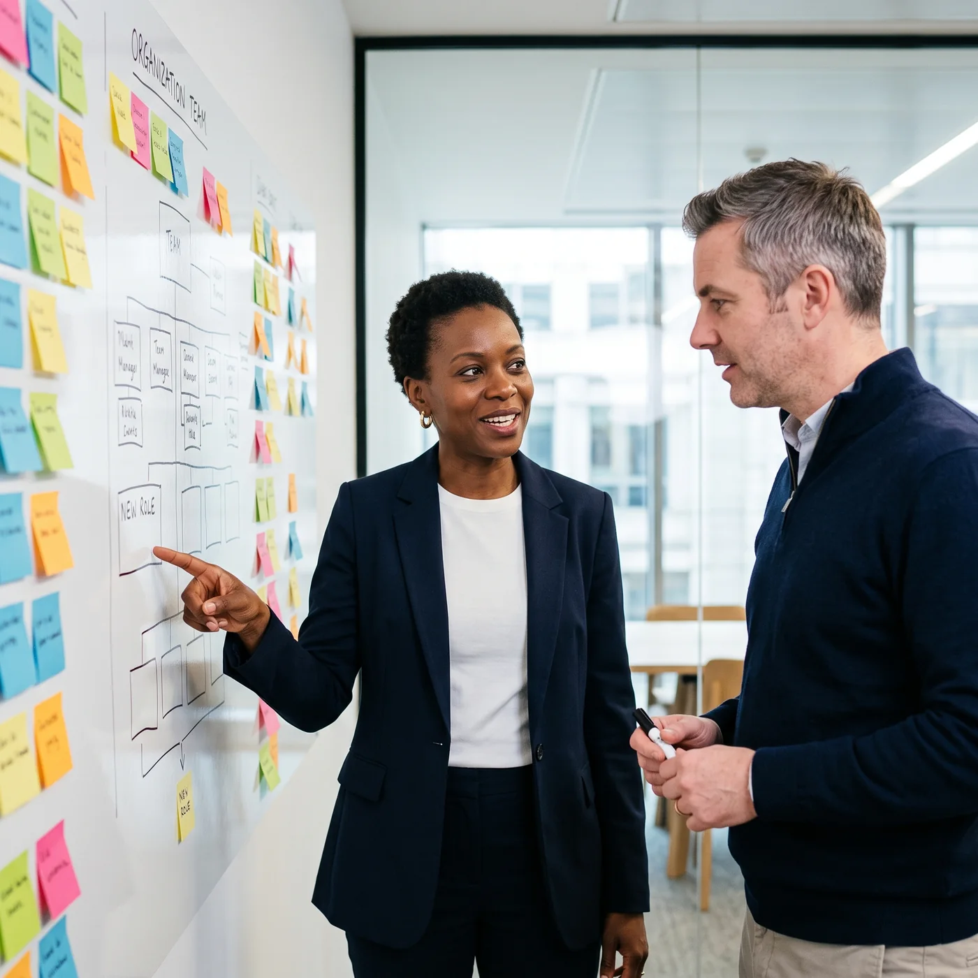 A hiring manager reviewing a shortlist on a whiteboard with the team