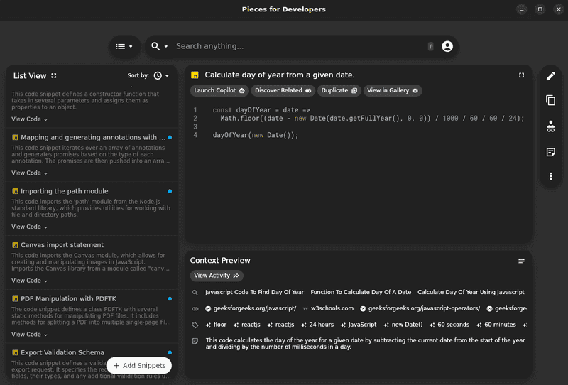 Pieces list view interface, with the code snippets categorized in the left sidebar and the selected snippet shown in the main panel.