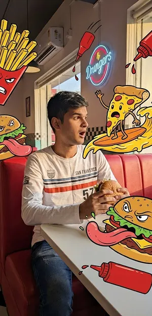A photograph of a young man sitting at a white table in a red diner booth, holding a real burger in his hands. He is looking off to the right with a surprised, open-mouthed expression. He is wearing a white long-sleeved shirt with blue and red stripes and the number 57. The photo is heavily edited with vibrant, cartoon-style graphic overlays floating all around him. These animated graphics include an angry carton of french fries, two aggressive-looking hamburgers with long pink tongues sticking out, flying ketchup bottles squirting ketchup, and a panicked slice of pepperoni pizza surfing on a wave of melted cheese. The background shows a sunlit diner interior with a neon sign on the wall.