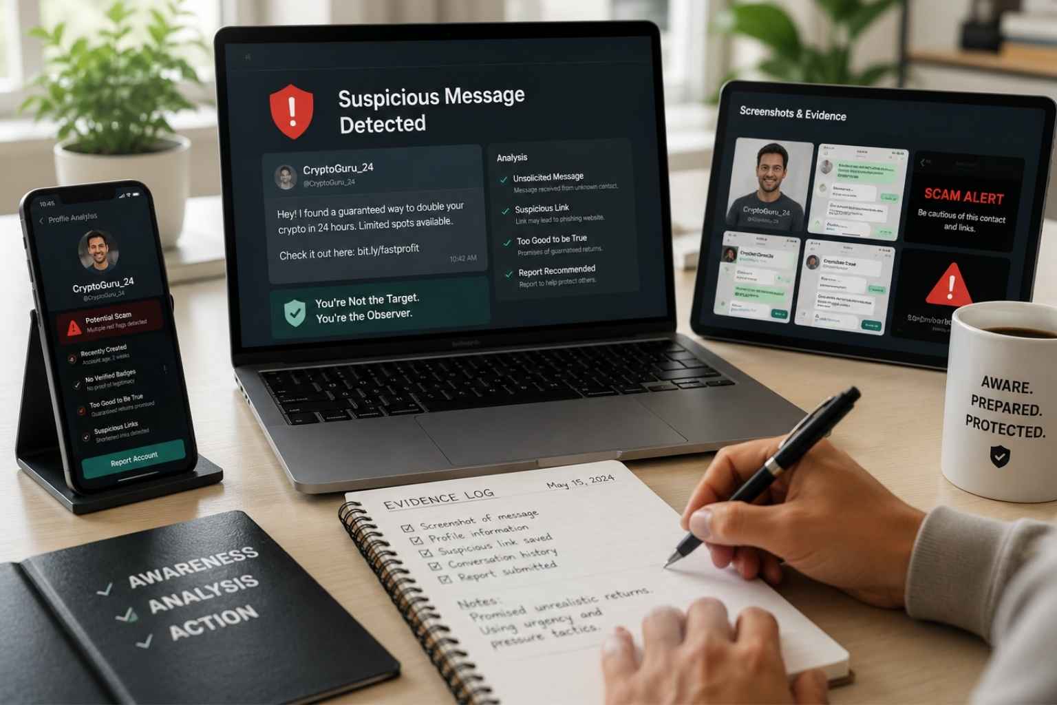 User investigating a suspicious online message using scam detection tools, digital evidence collection, and phishing analysis across multiple devices