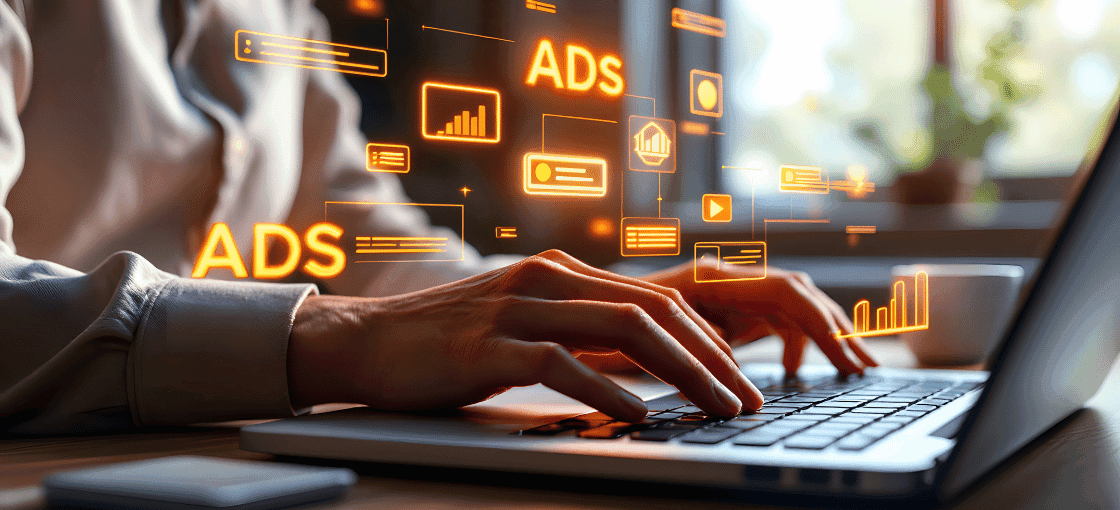 a close up image of hands on a laptop with digital holograms floating
