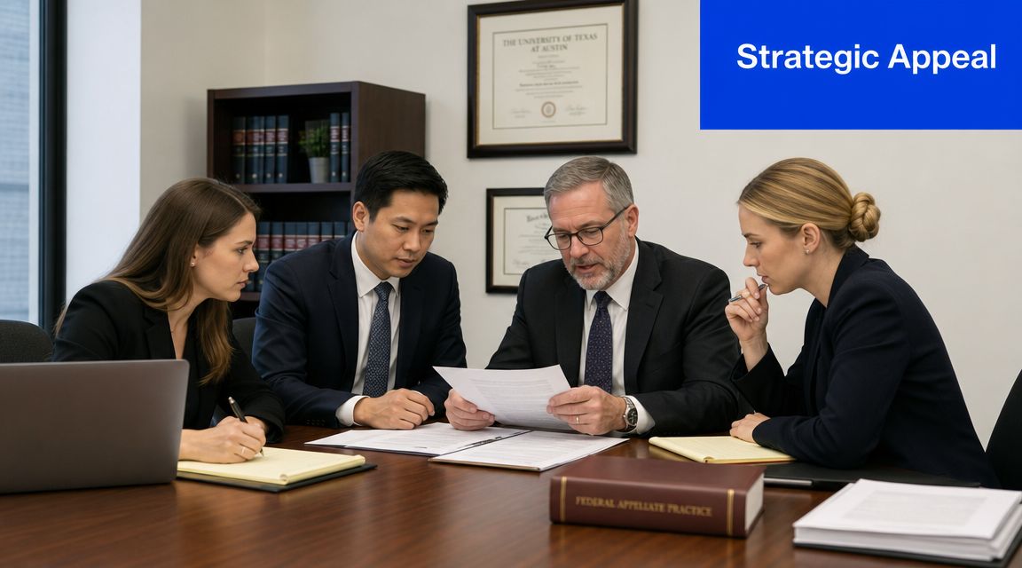 A professional legal team collaborating around a conference table to discuss a bond on appeal case.