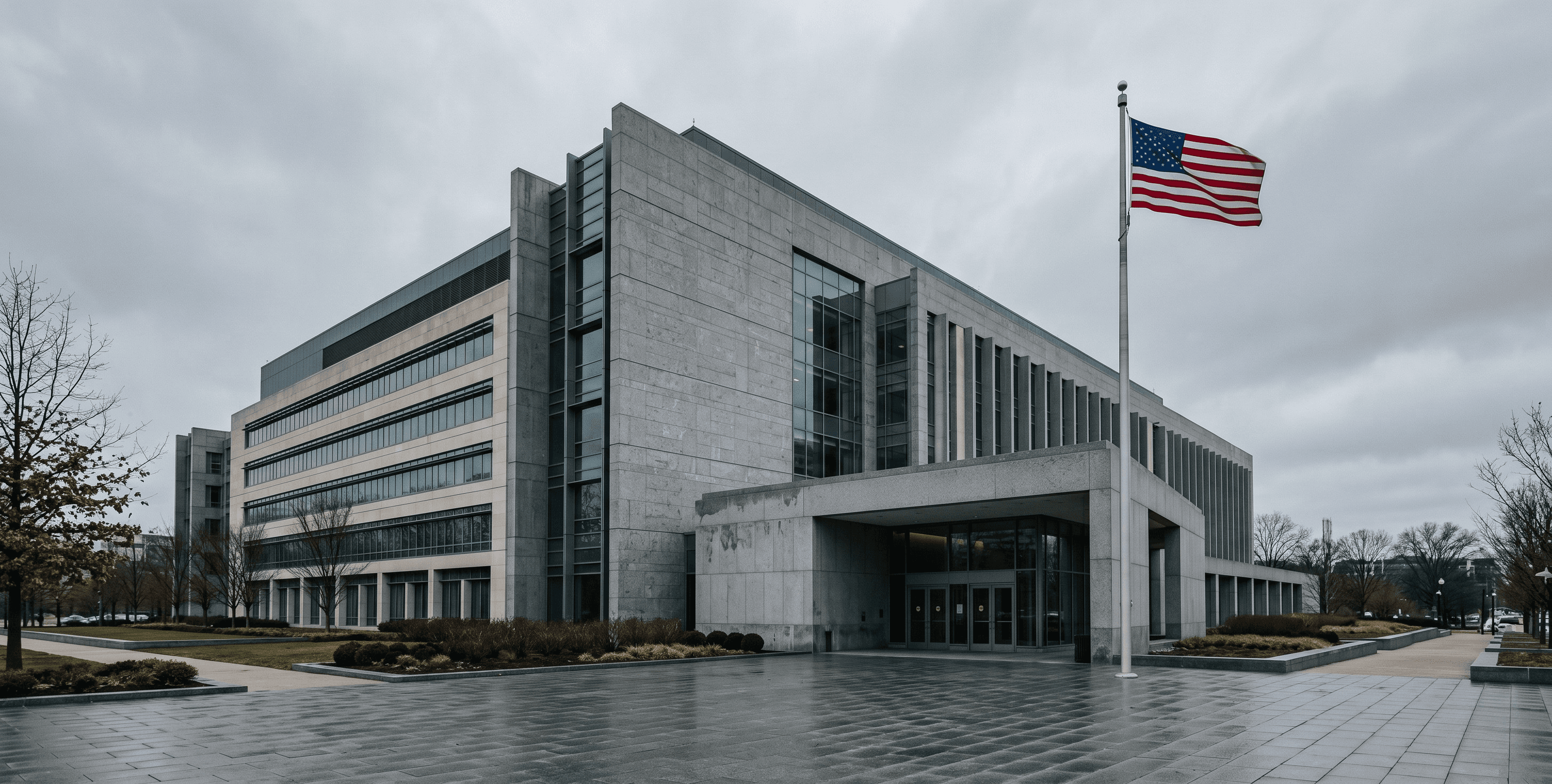 A federal government building with a glass and concrete facade and American flag out front on a cloudy day.