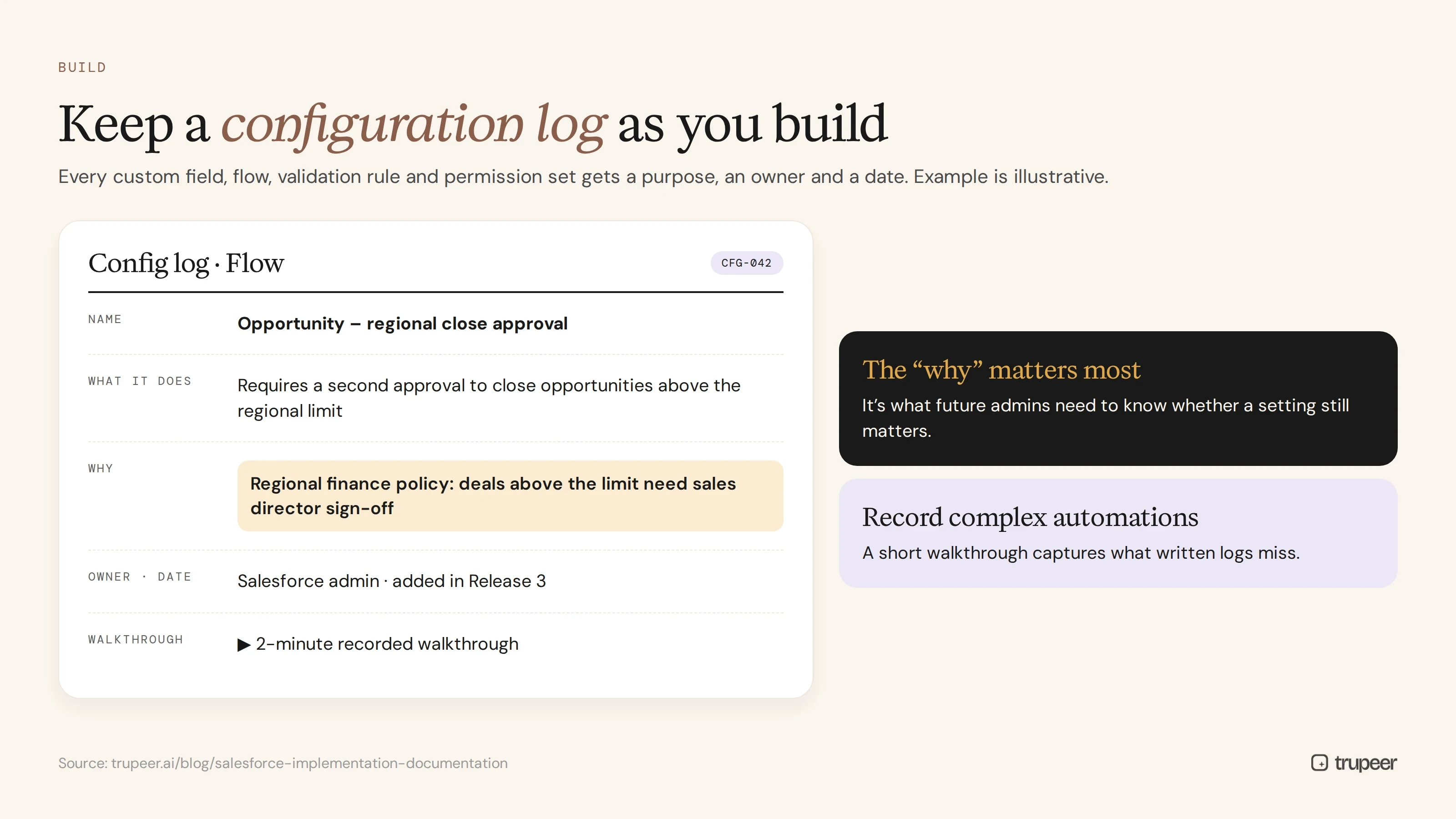 Example Salesforce configuration log entry with purpose, owner and reason