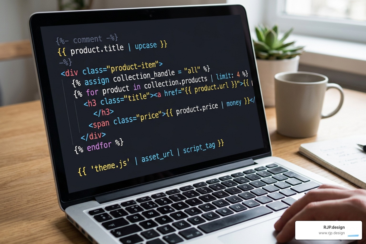 Shopify Liquid code structure showing objects, tags, and filters