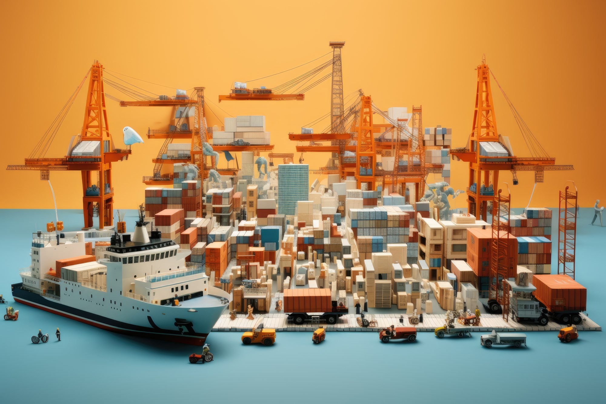 A colorful model of a busy shipping port with cranes, boats, and containers against an orange background.