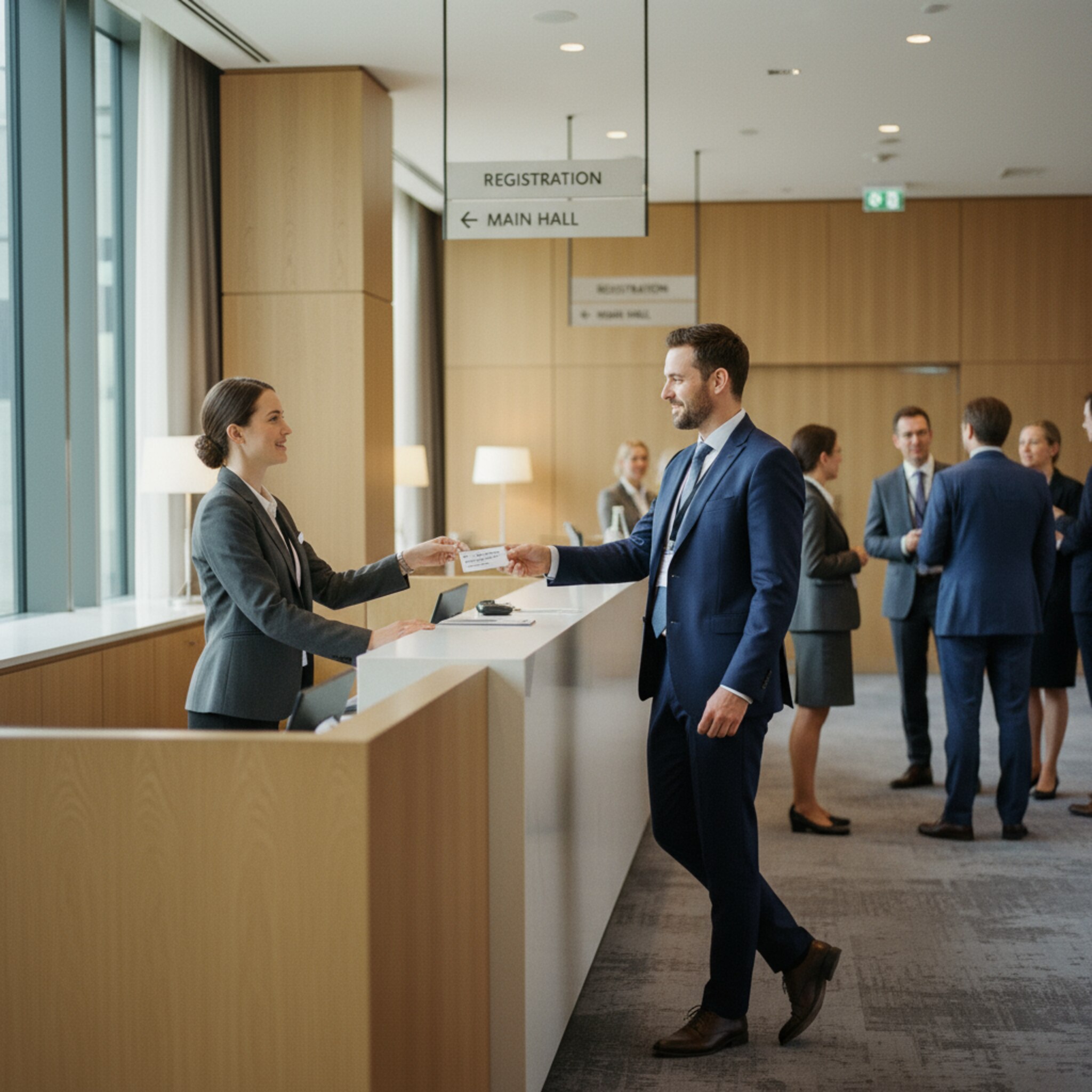 Ein ruhiger Empfangsbereich eines Konferenzhotels, in dem eine Mitarbeiterin einem Gesellschafter freundlich ein schlichtes Namensschild überreicht. Im Hintergrund sprechen einige Teilnehmende in kleinen Gruppen. Dezente Beleuchtung, elegante Garderobe und klare Wegweiser vermitteln Seriosität. Der Moment wirkt konzentriert und geordnet.