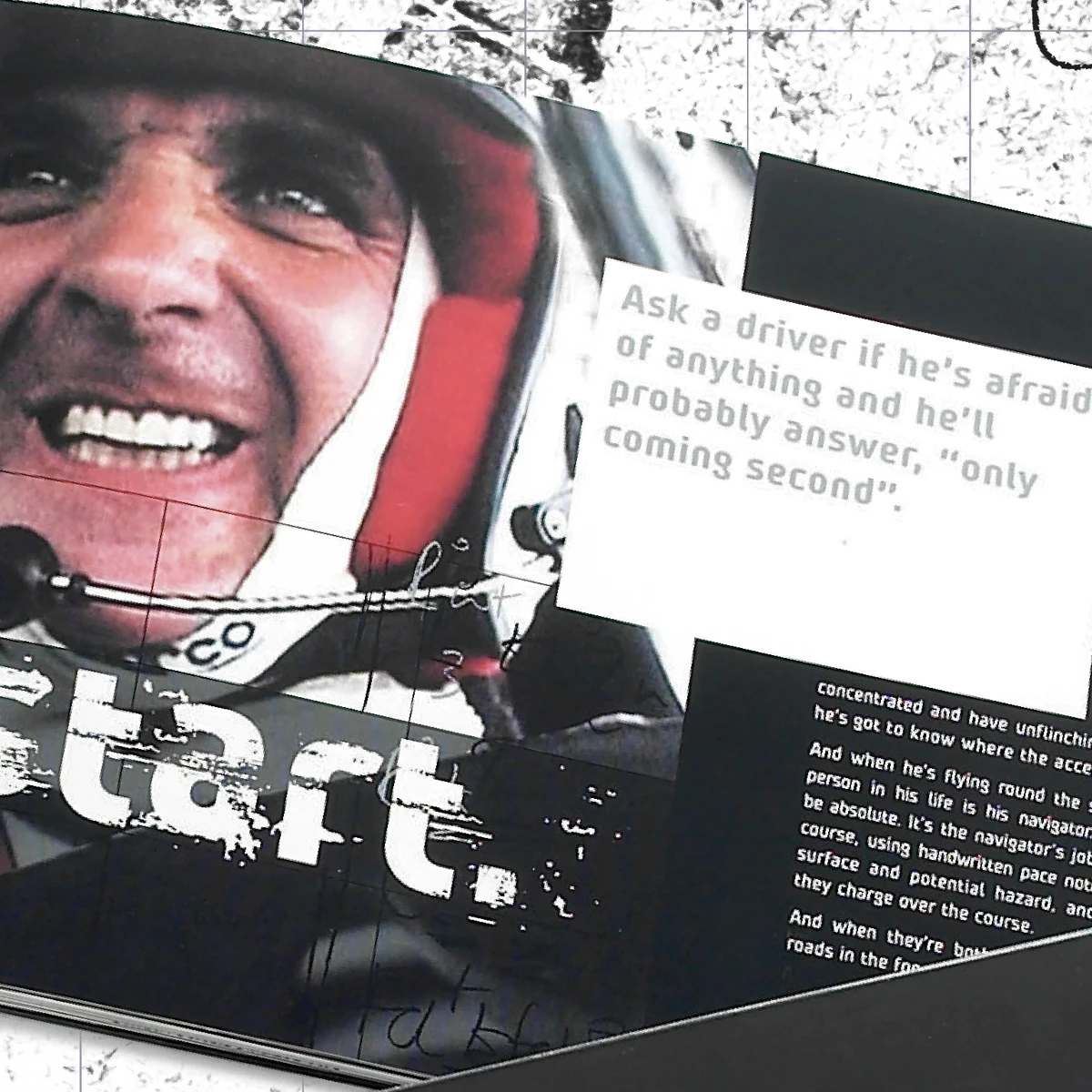 Rally car booklet with rally driver and text styling