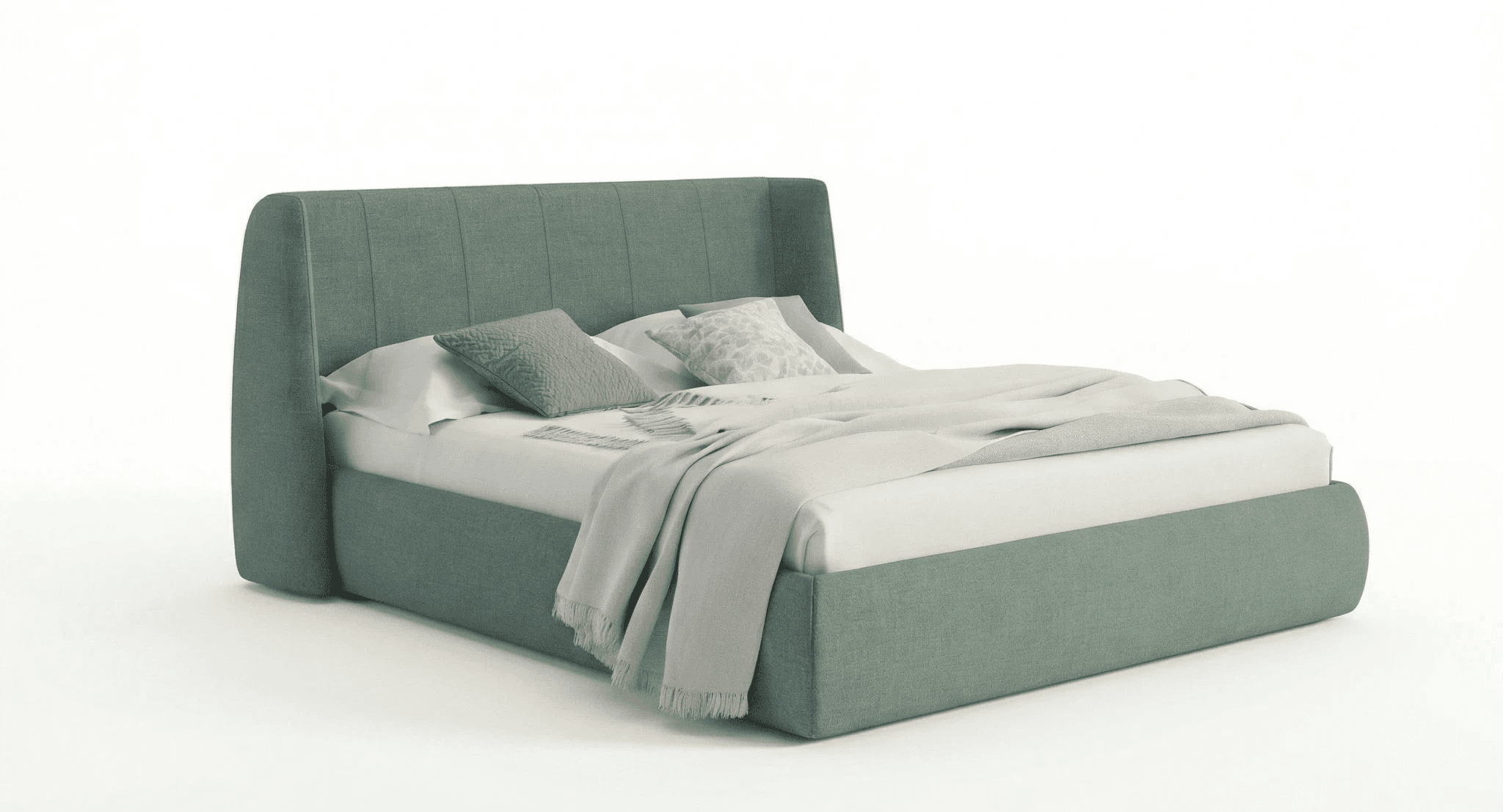 Fabric‑clad bed with slim headboard, rounded corners, and compact footprint