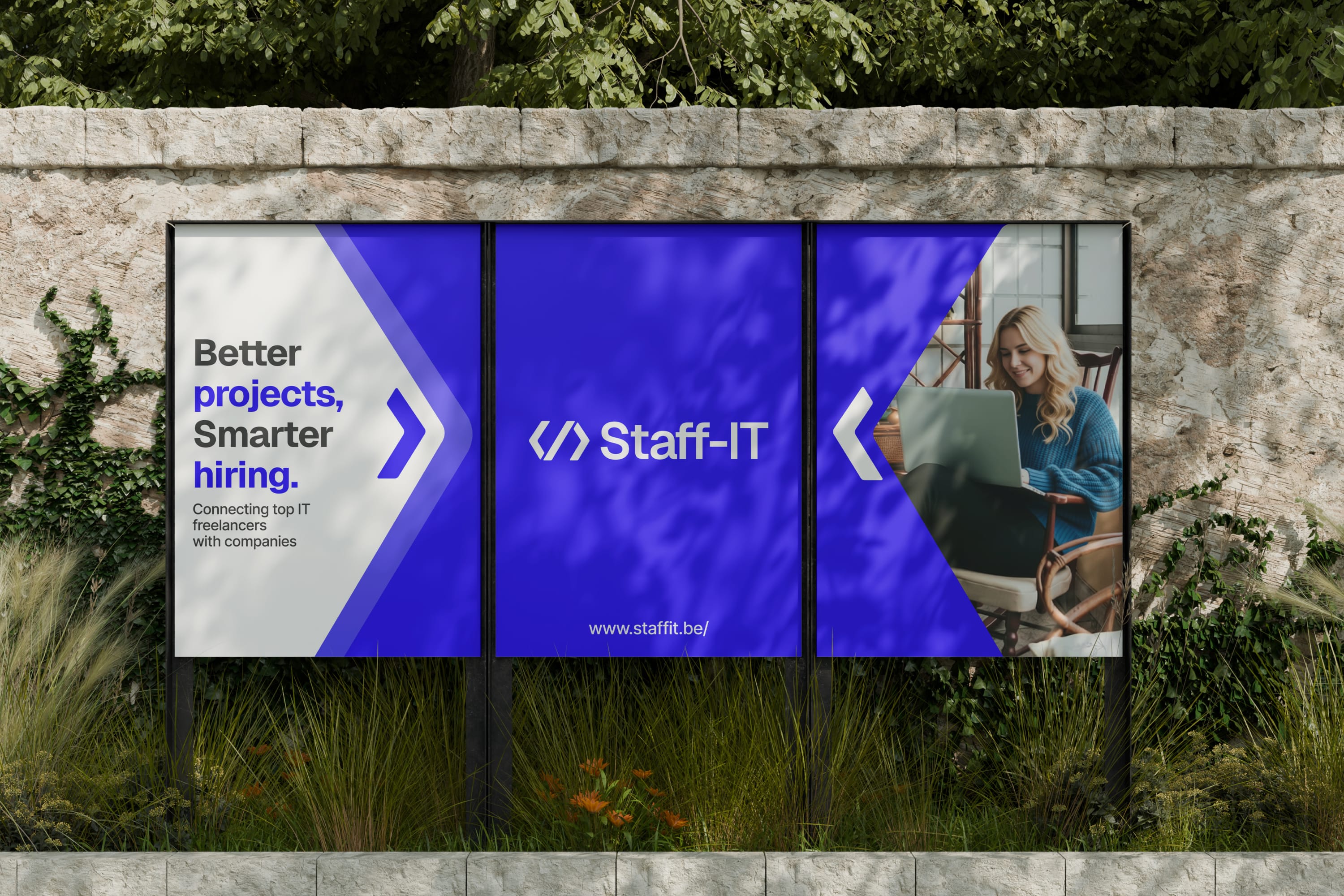 Streetside billboard with flyposters of the Batch.Works brand and illustrations