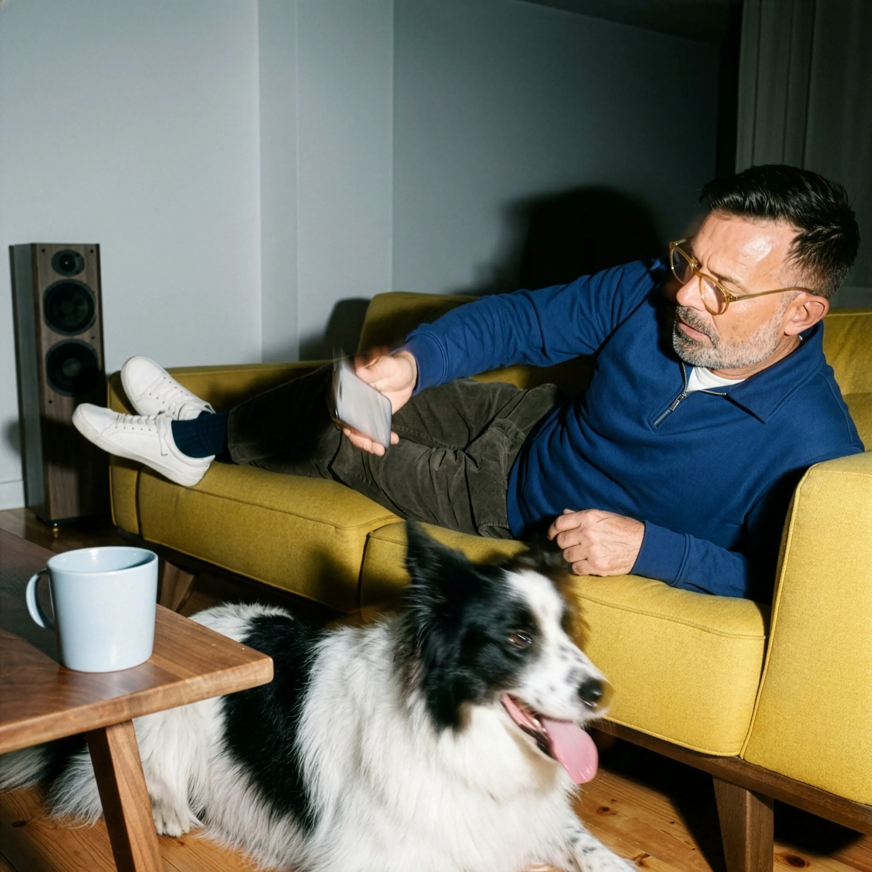 A man relaxing on a sofa while checking his phone
