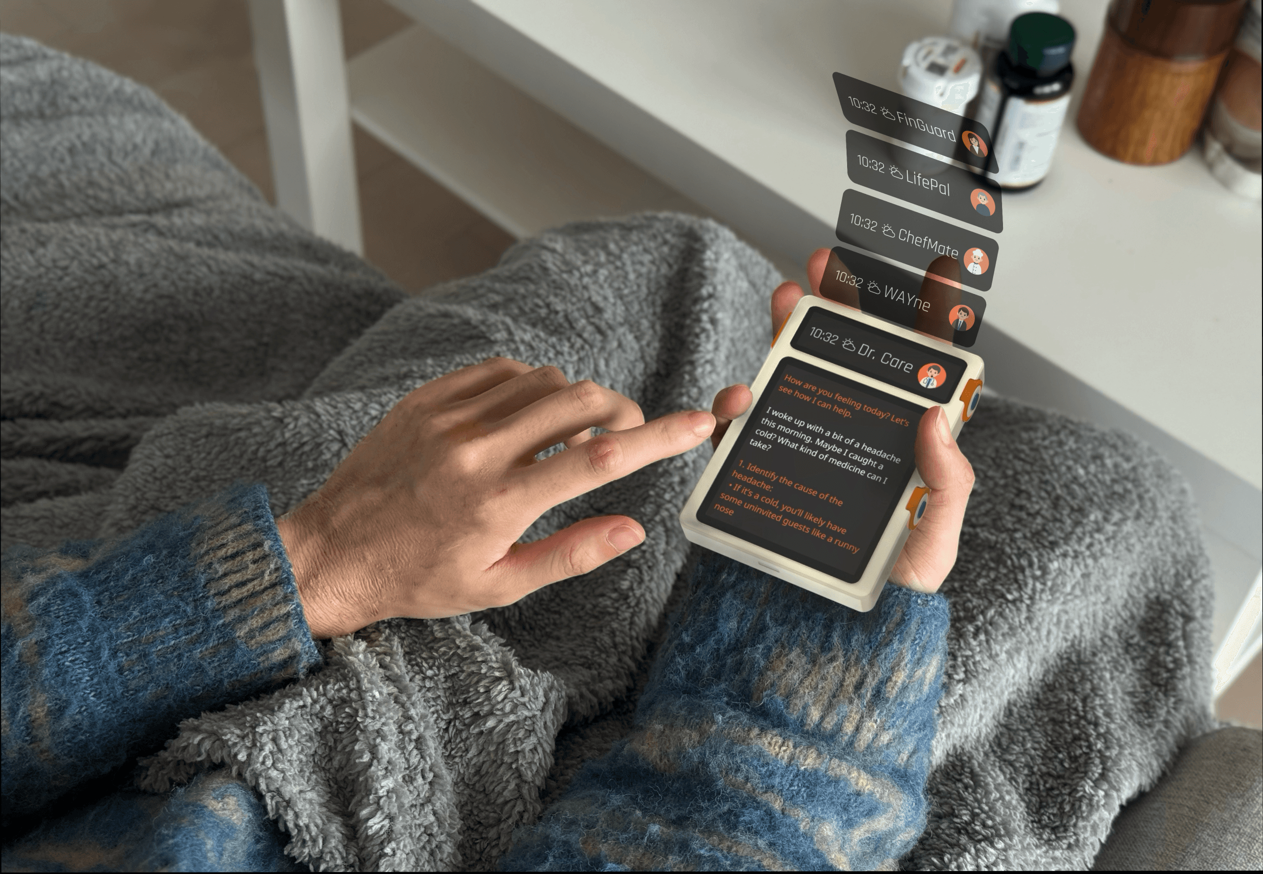 The device presents multiple AI assistants as distinct personas, allowing users to switch contexts within a single interaction.