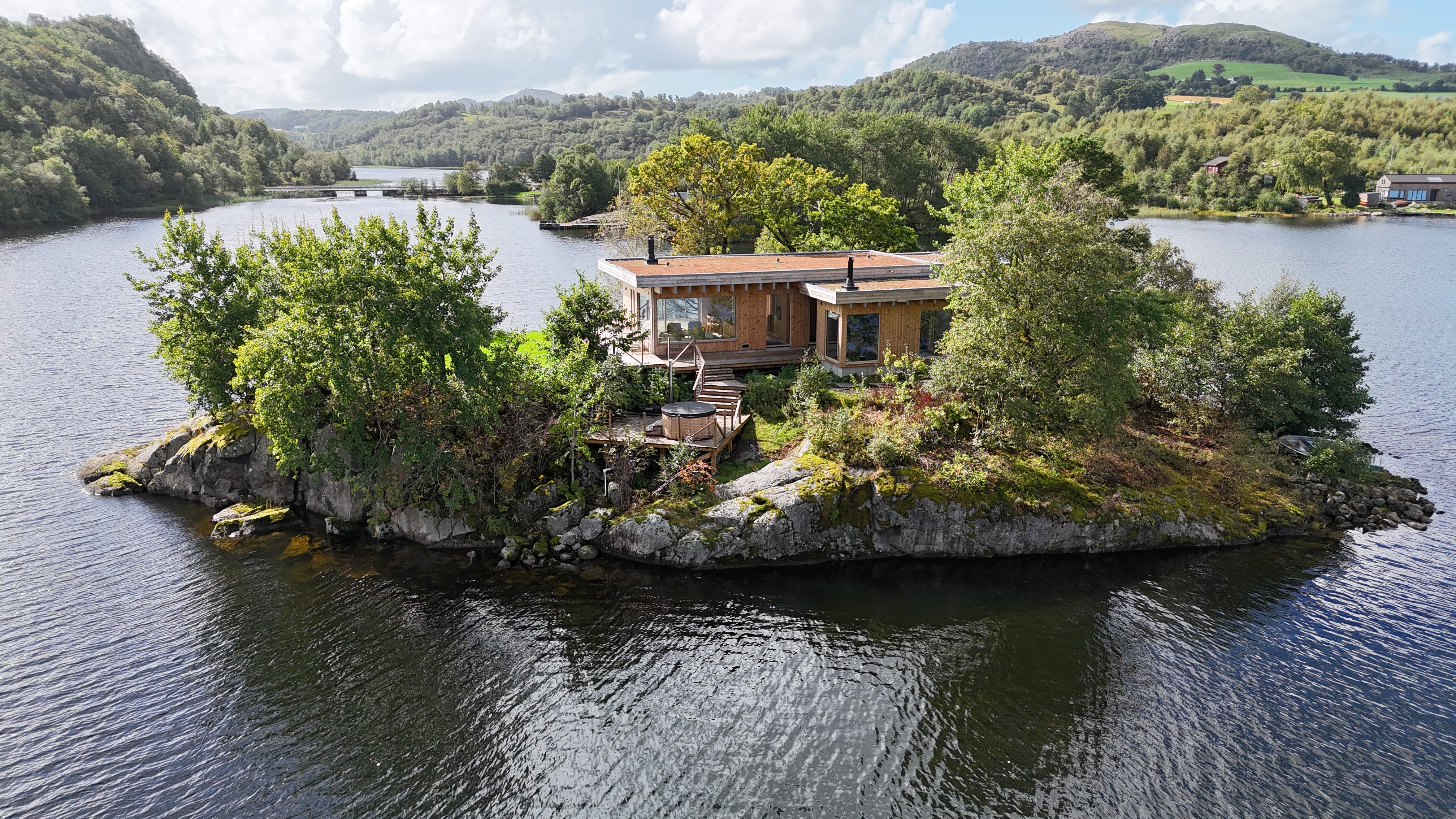 Aerial view of lakehouse cabin at Lutsi Lakehouse near Stavanger, Norway.