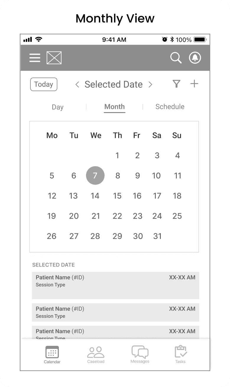 Mid fidelity wireframe of monthly schedule view