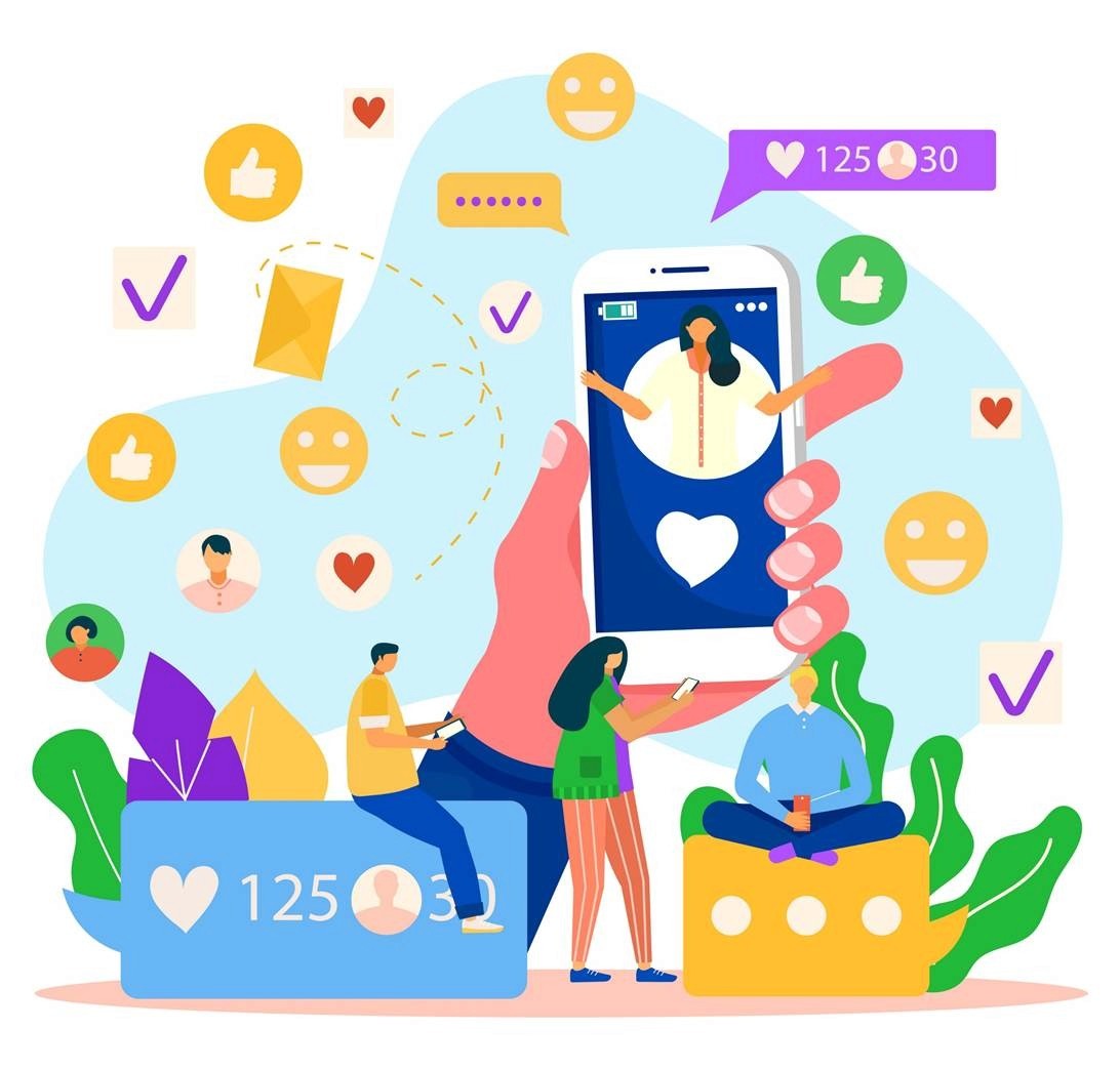 Illustration of social media users engaging with influencer content via likes, comments, and follows