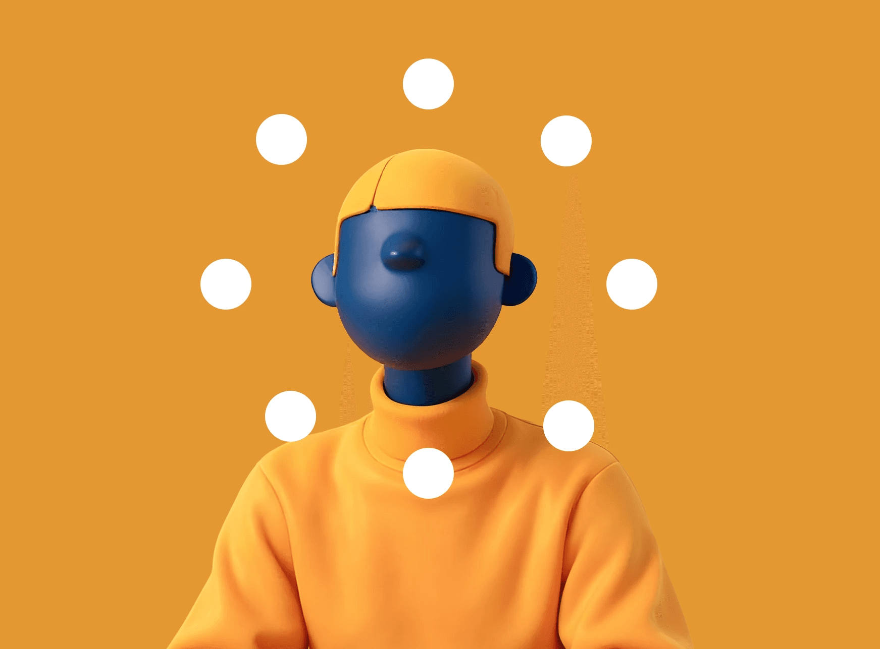 Blue 3D cartoon figure wearing an orange turtleneck sweater, surrounded by white dots against an orange background.