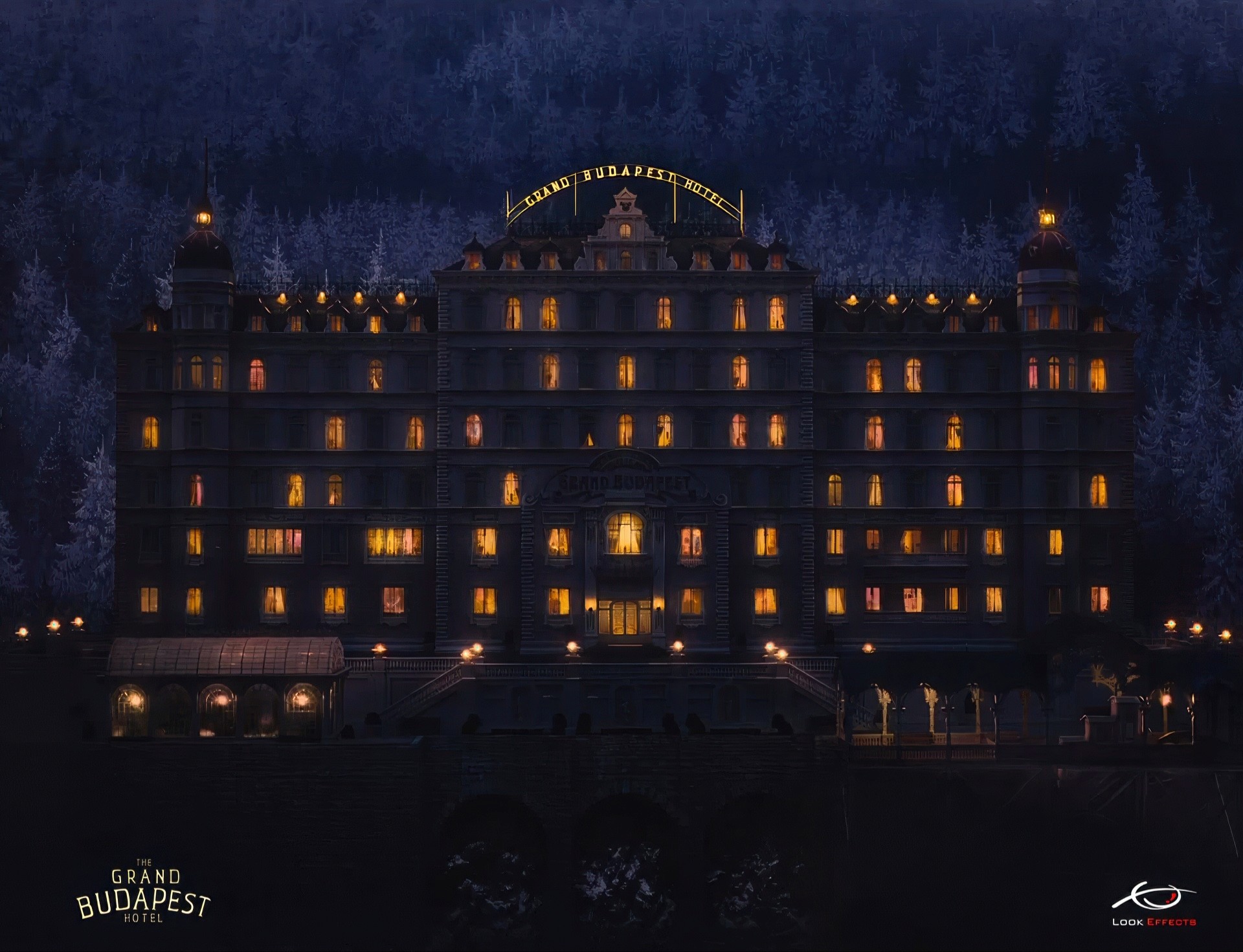 Matte Painting of the hotel in the '30s at night, by Simone De Salvatore