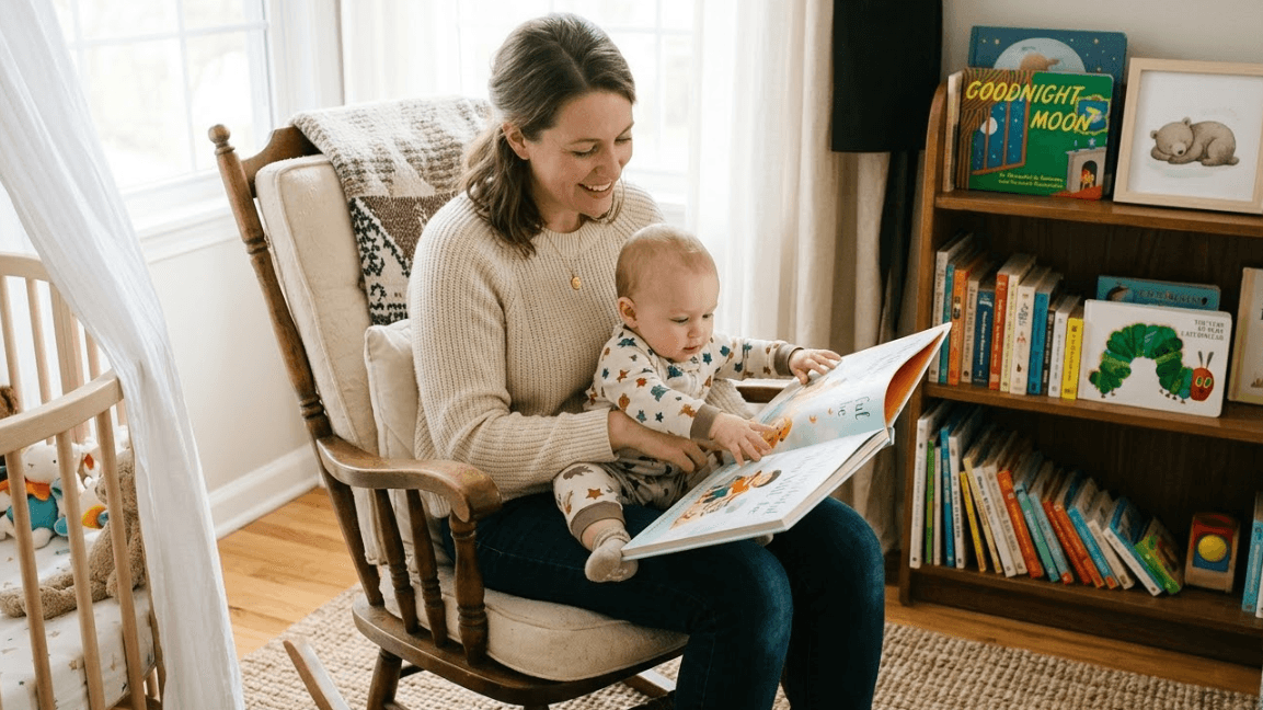 Parent reading a colorful board book to a baby in a cozy nursery