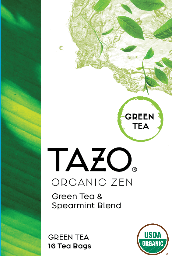 a tazo tea label inscribed with "tazo organic zen, green tea and spearmint blend". 