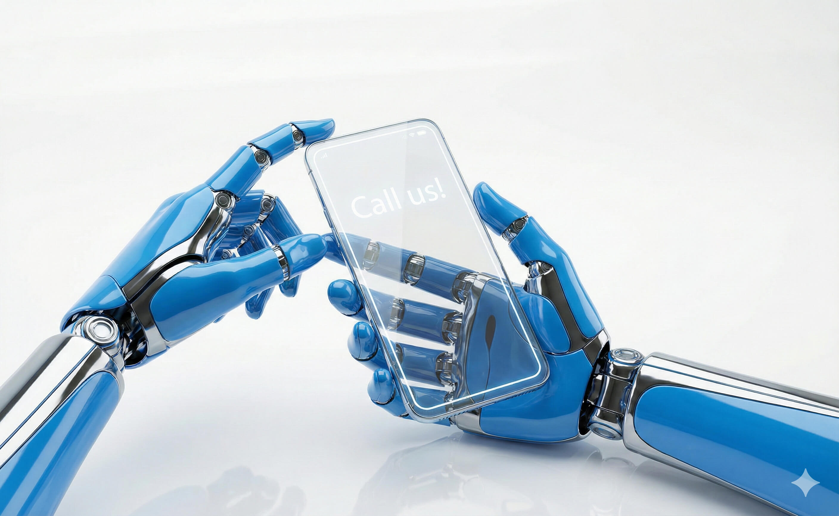 Blue robotic hands holding a transparent smartphone displaying a "Call us!" message, representing modern AI-driven communication.