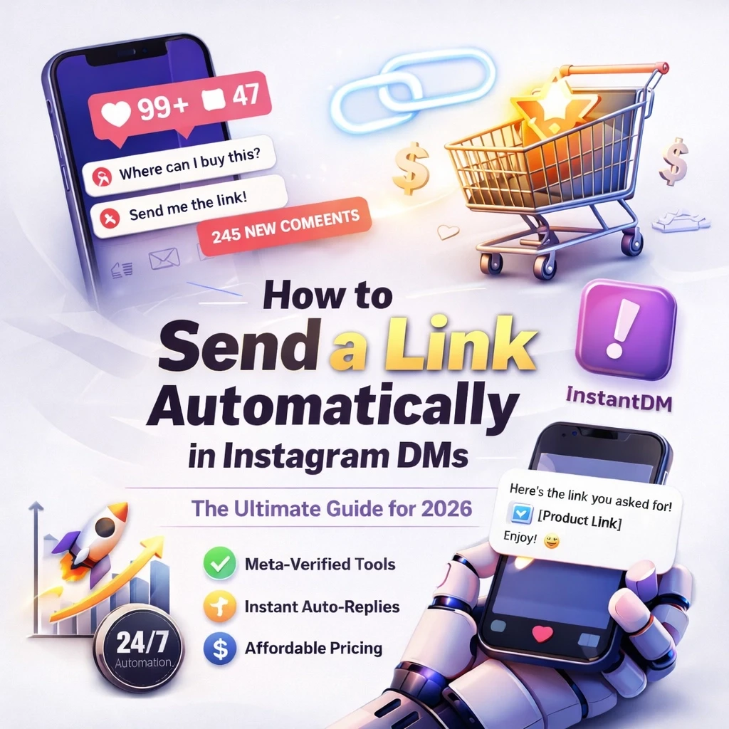 “Professional blog header illustration showing Instagram DM automation, with a smartphone displaying comment notifications, an automated link reply, shopping cart icon, and InstantDM branding, representing how to send links automatically in Instagram DMs in 2026.”