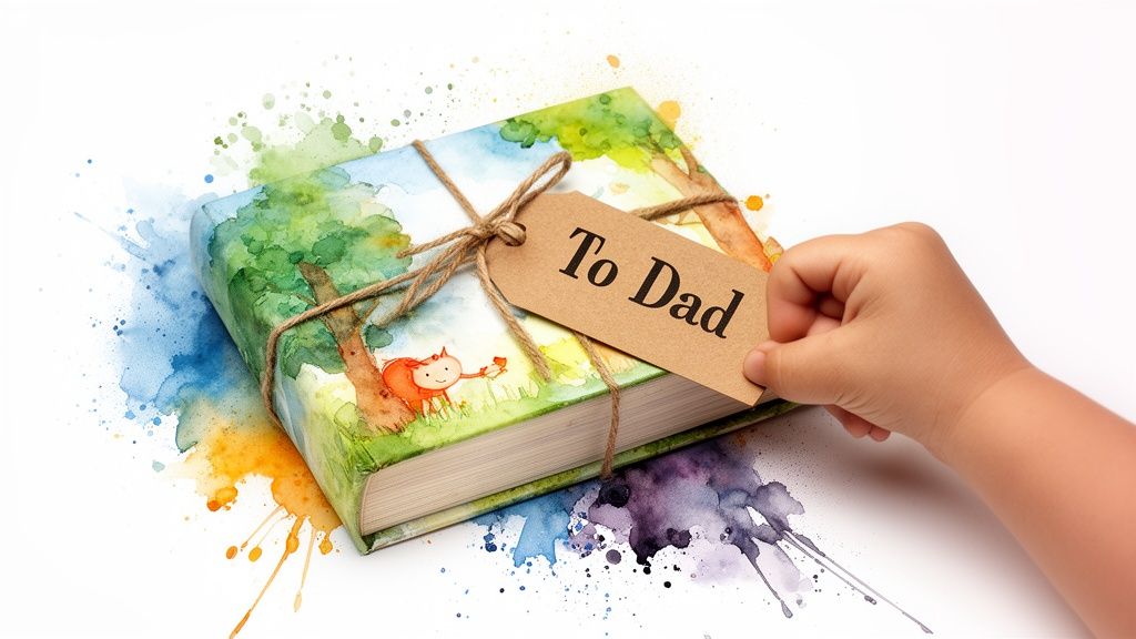 A child's hand holds a 'To Dad' tag on a beautifully wrapped watercolor book.