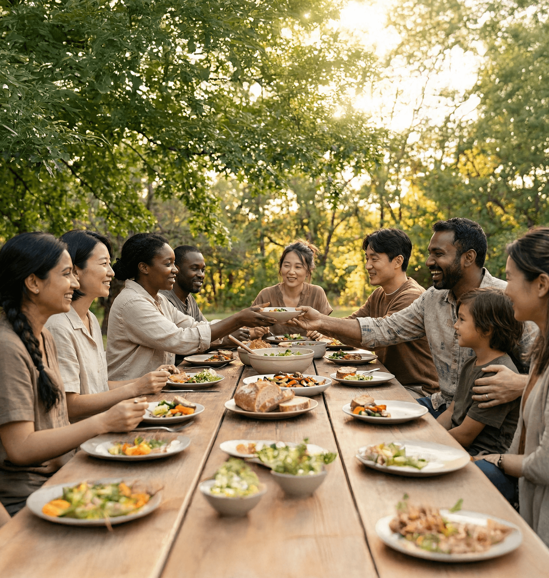 Outdoor corridor with brick arch windows, stucco grid wall, wooden pergola, and dramatic sunlight shadows.