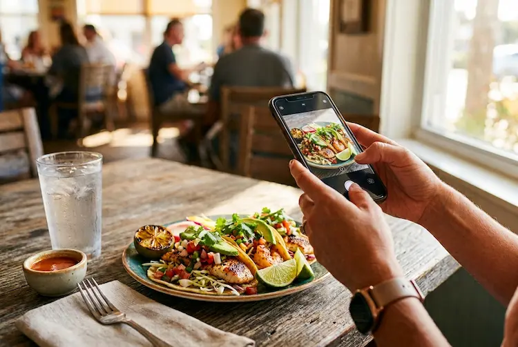 A diner photographing a fresh plated dish on a phone at a sunlit Bradenton restaurant table.
