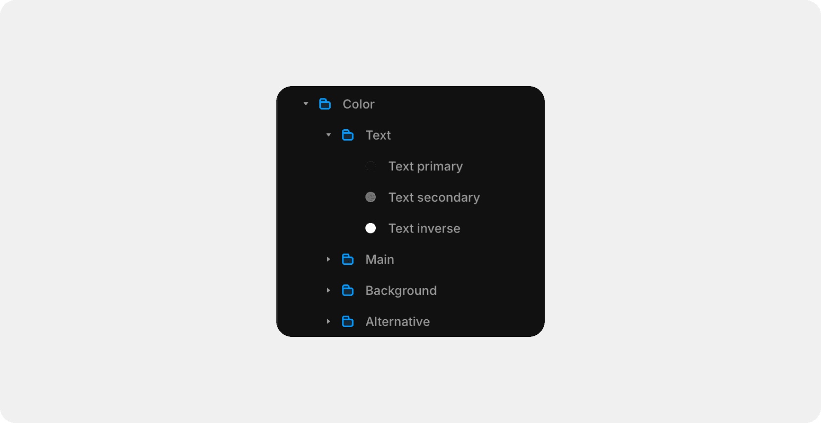 Framer color tokens panel with text, main, background, and alternative color groups