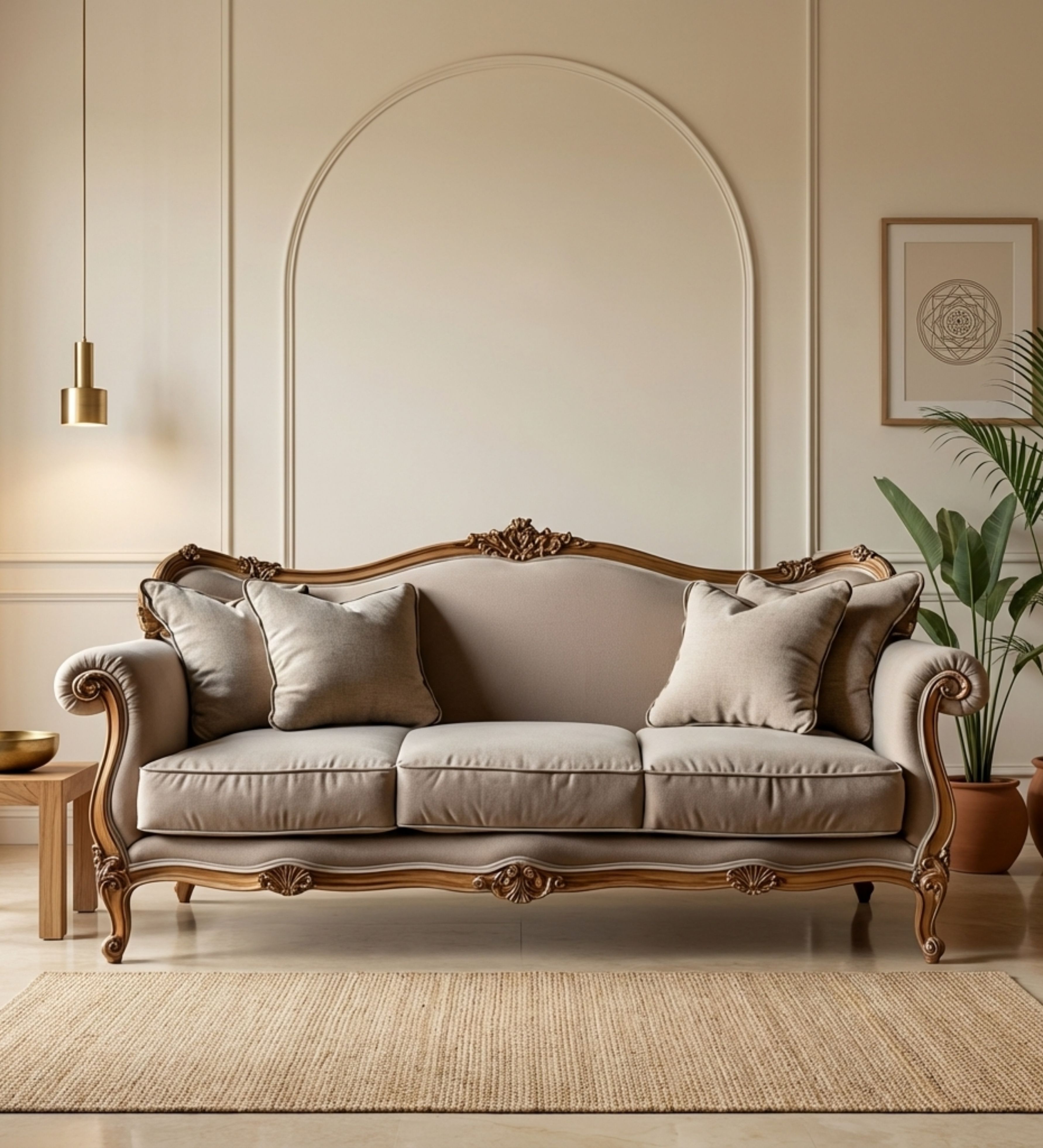 Plum velvet 3-seater with channel tufting and gold-toned legs.