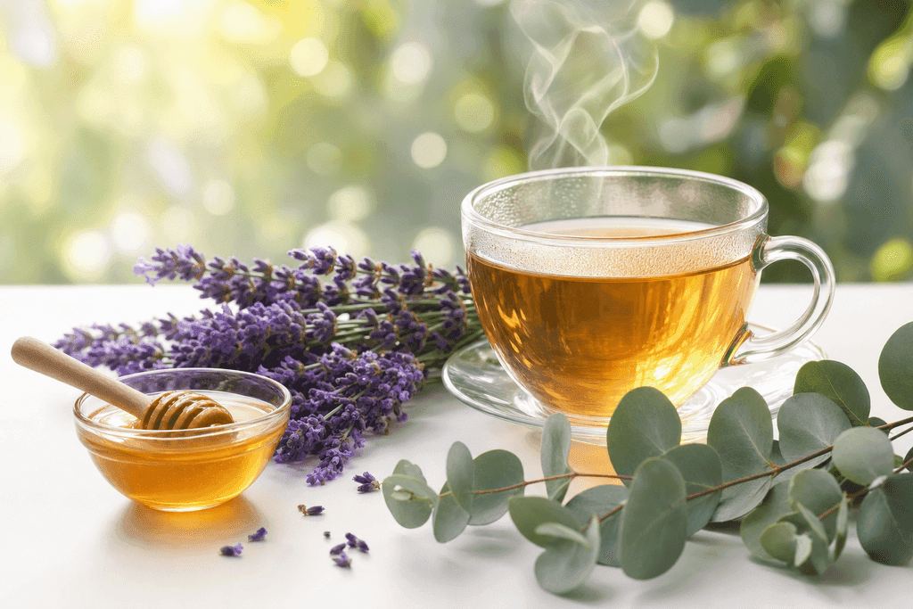 A modern, clean scene featuring a close-up of various natural elements associated with holistic allergy relief: a steaming herbal tea cup, a small bowl of raw honey, sprigs of fresh lavender, and eucalyptus leaves arranged on a smooth white surface. Soft sunlight filters through out-of-focus green foliage in the background, creating a gentle, calming atmosphere. The image uses soft pastel colors and subtle gradients for a serene and refreshing mood. No characters, text, or humans present.