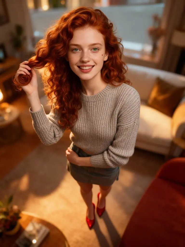 Long-haired woman smiling, red heels, sweater, Seedream 4.0 Free.