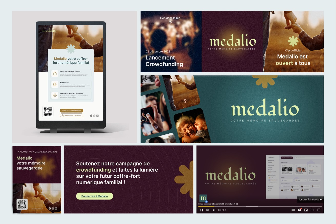 Screens of multiple branding elements for Medalio