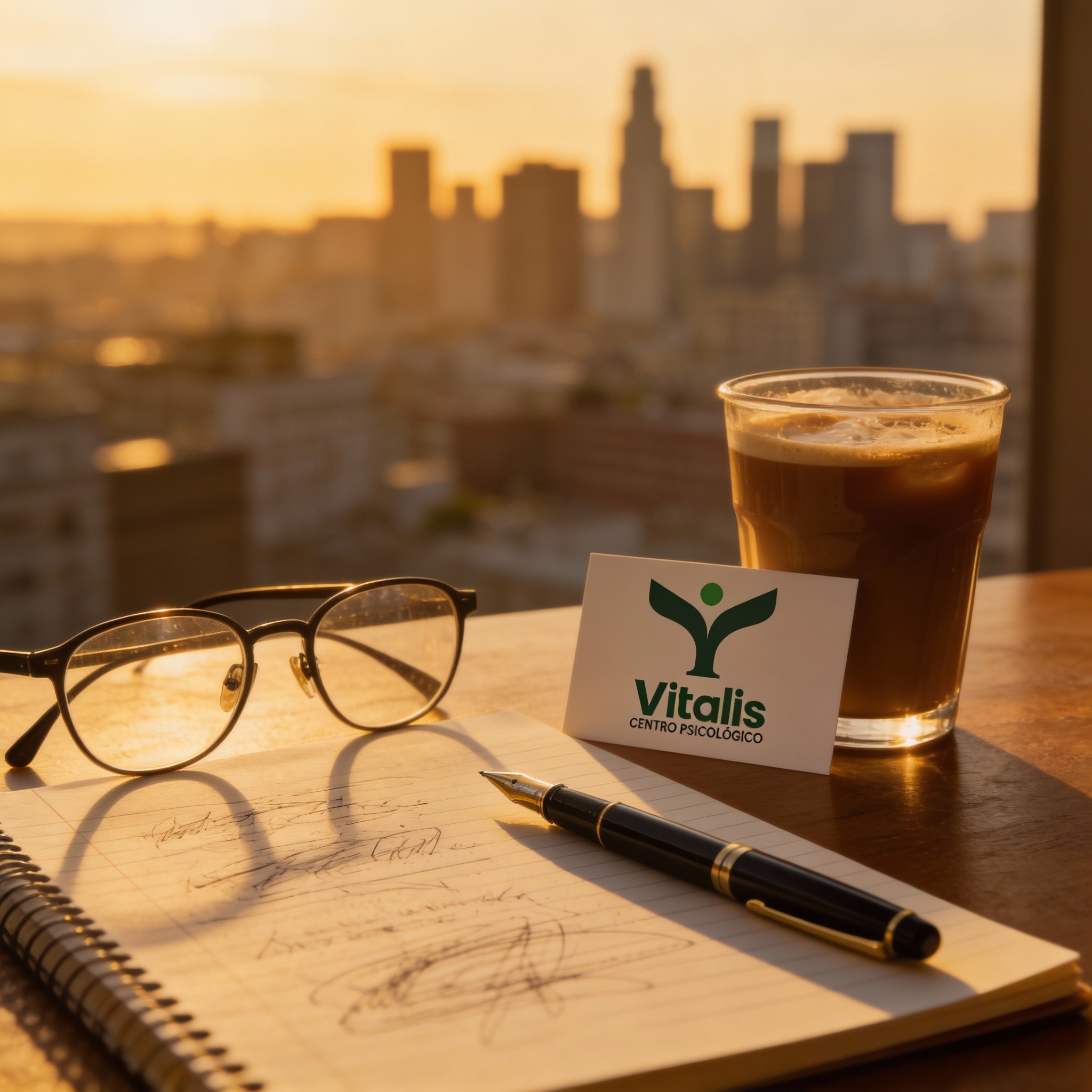 Escritorio de oficina al atardecer con lentes y tarjeta de Centro Vitalis.