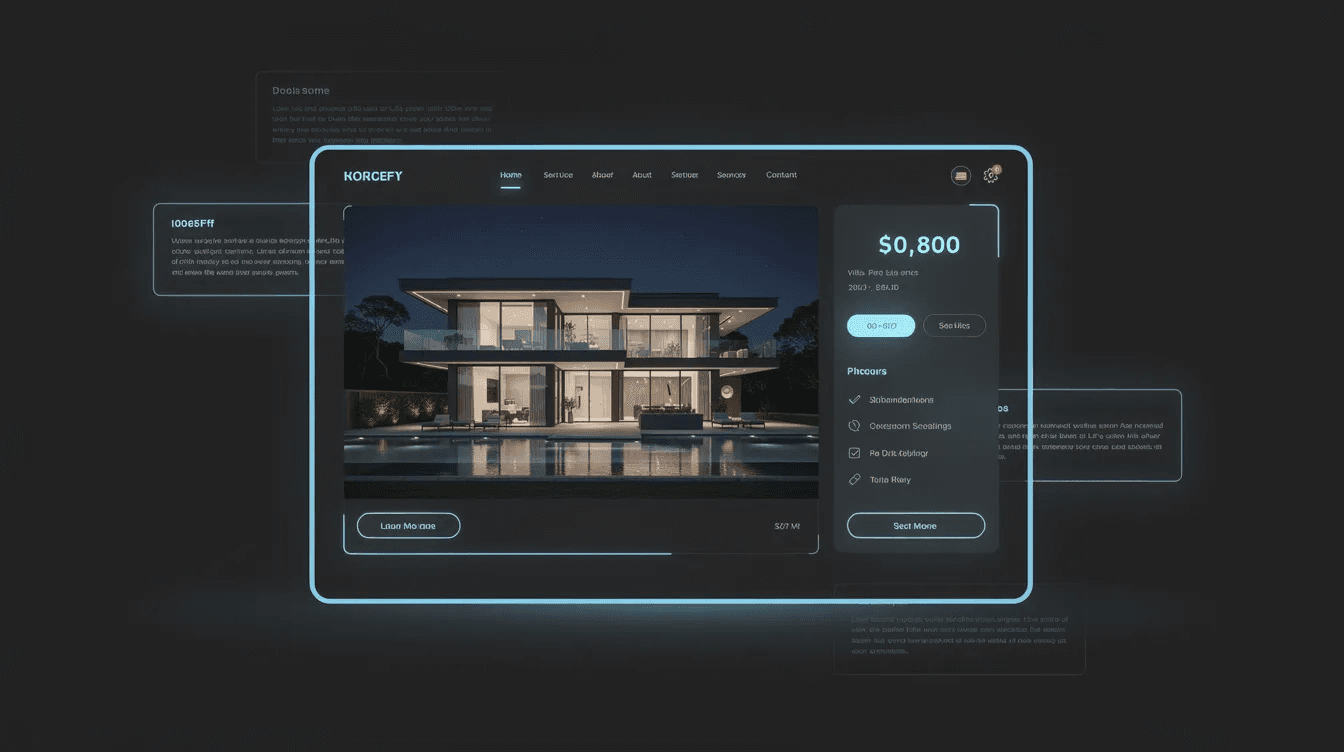 The image features a sleek dark website interface showcasing a luxury property listing, highlighted by neon blue accents and clean typography against a near-black background. The design incorporates a subtle parallax scrolling effect, reflecting the expertise of a leading web design company in the United Arab Emirates, emphasizing digital excellence and user-friendly navigation.