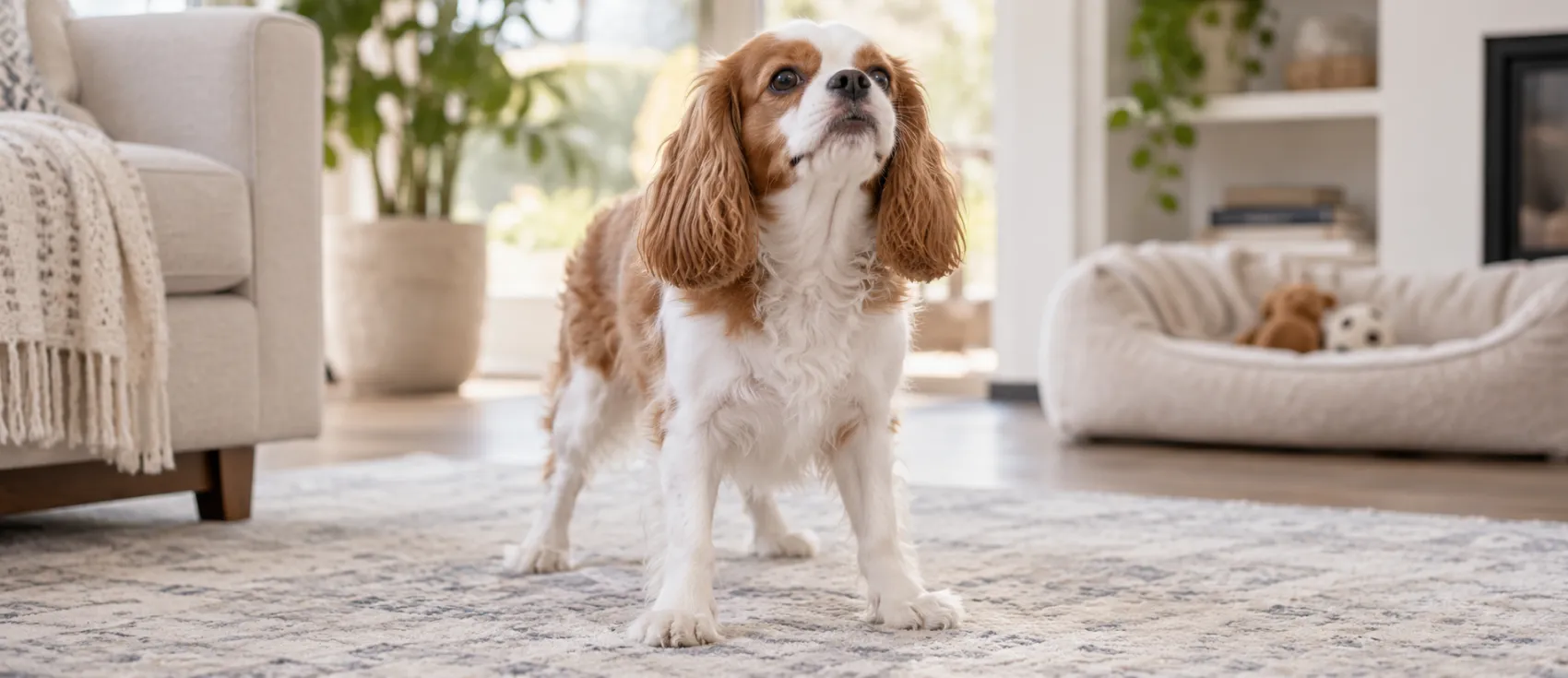 A Cavalier King Charles Spaniel standing indoors, looking upward.