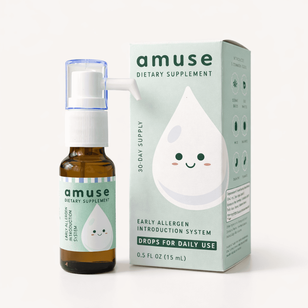 Amuse Drops dietary supplement bottle beside its product box for early allergen introduction.