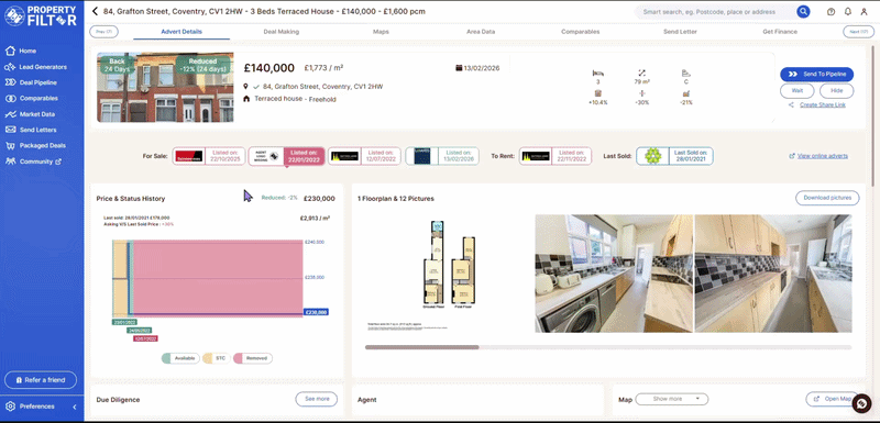 Property Filter property history view showing listing dates, price changes, and fall-through records
