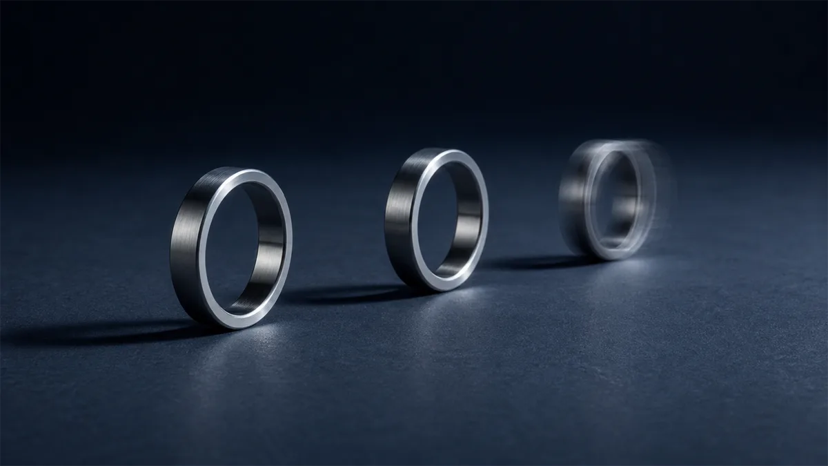 Two sharp metal rings and a third blurred in motion on a dark blue-grey surface