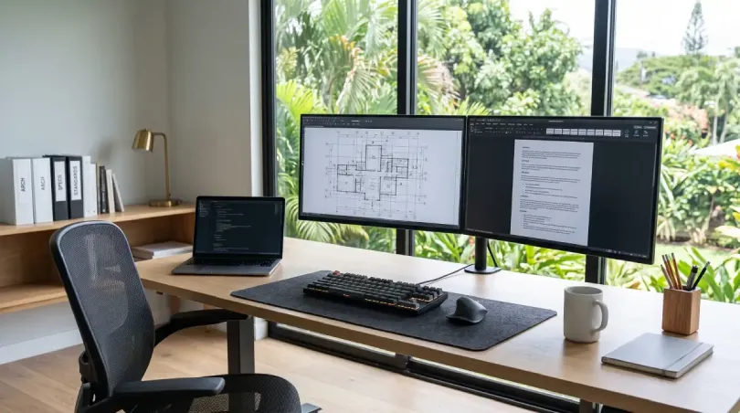 Office space with a large desk, two monitors, laptop, and office chair.