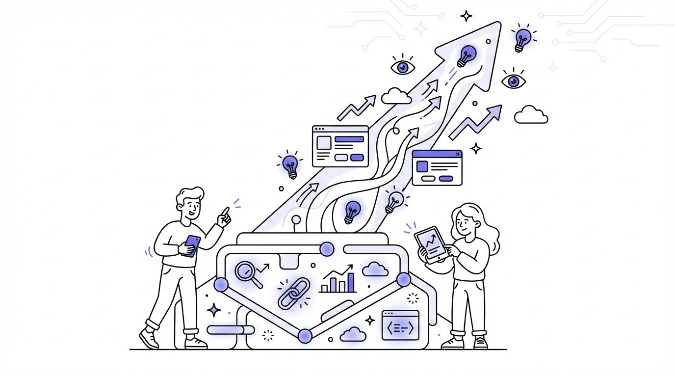 A modern illustration showing a glowing, multi-layered digital foundation representing SEO, from which a bright beam of light ascends, symbolizing digital visibility and success.