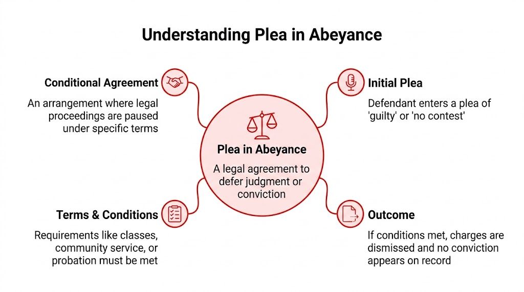 A diagram explaining the legal concept of a plea in abeyance through four key procedural steps.