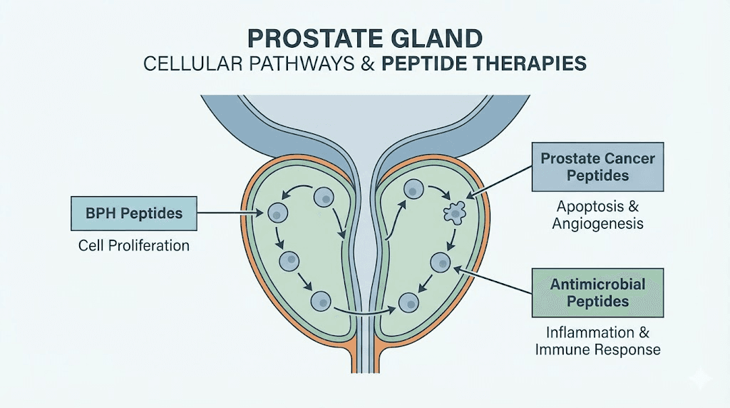 Prostate gland anatomy showing peptide pathways for BPH and inflammation