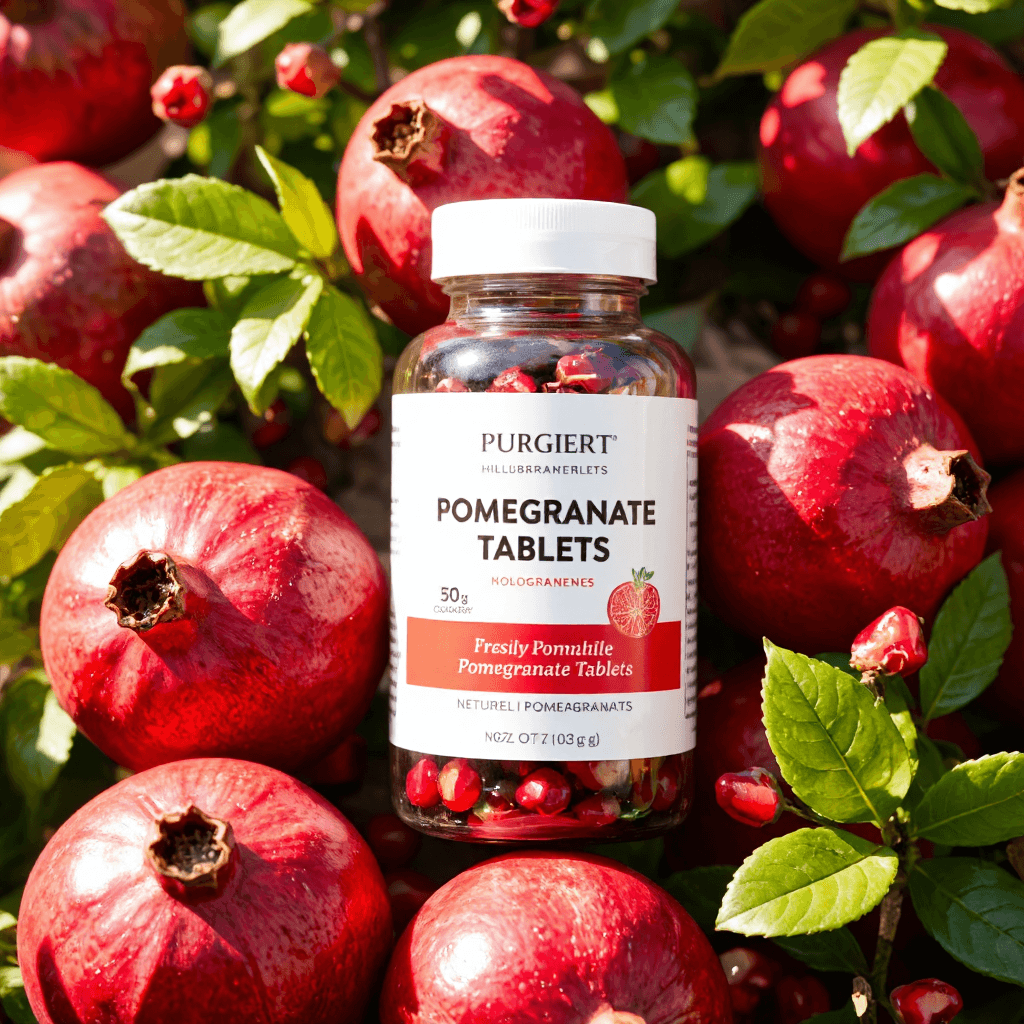 product photography of bottle of pomegranate tablets