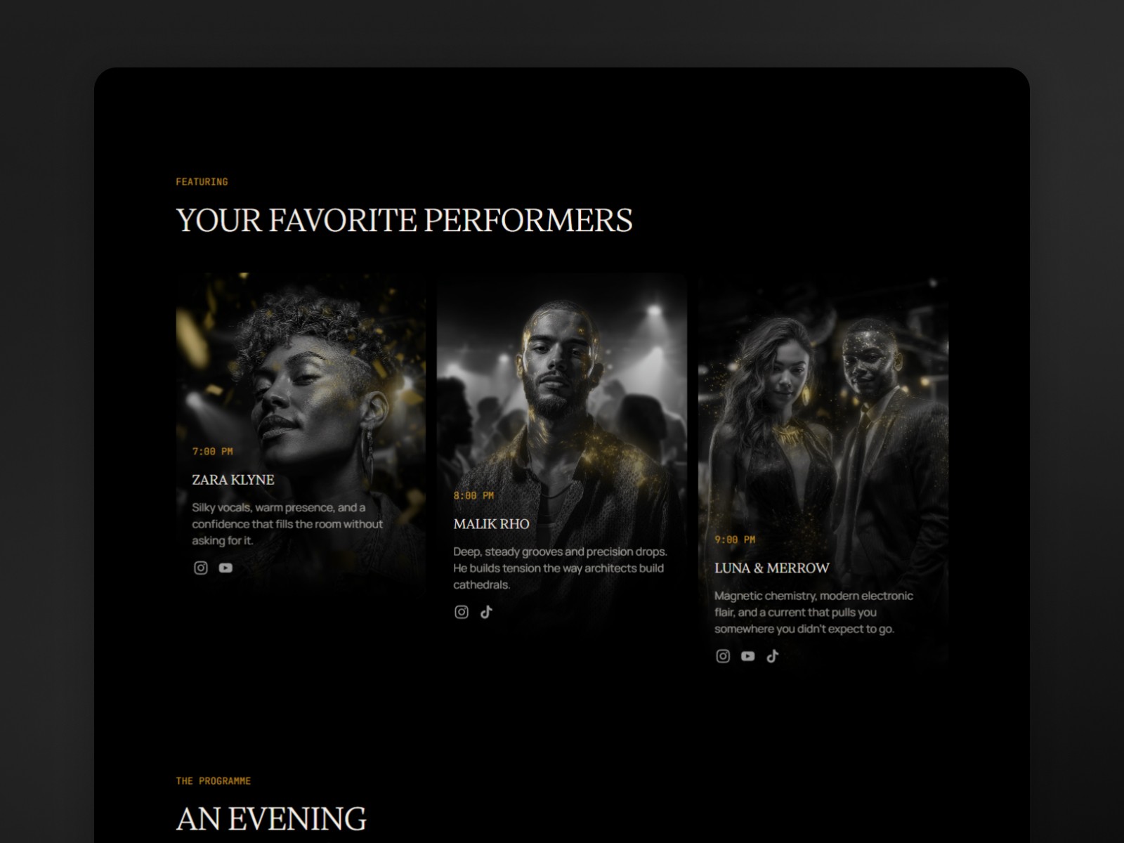 Vervee template performer lineup section — artist cards with time, bio, and social links