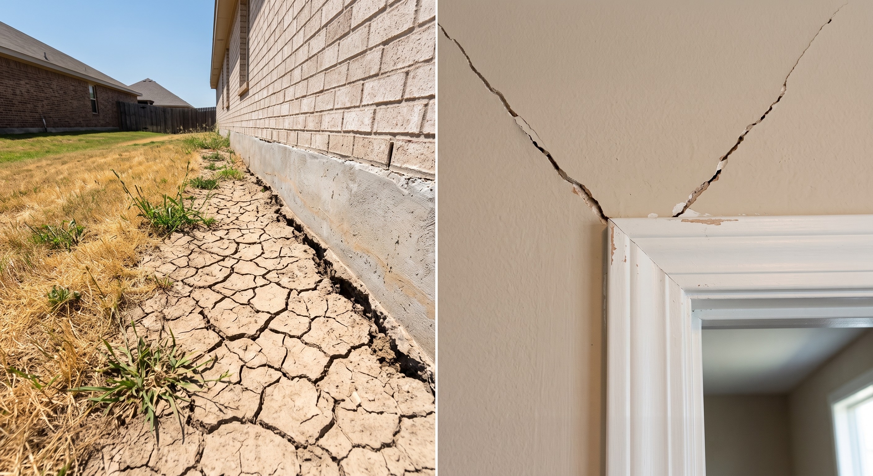 Clay soil expanding and causing diagonal drywall cracks above a door frame.