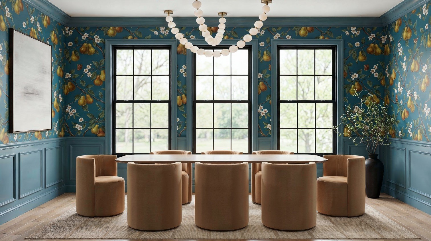 Final reprompted dining room render polished with the Magnific upscaler, refined velvet, wallpaper, and rug texture