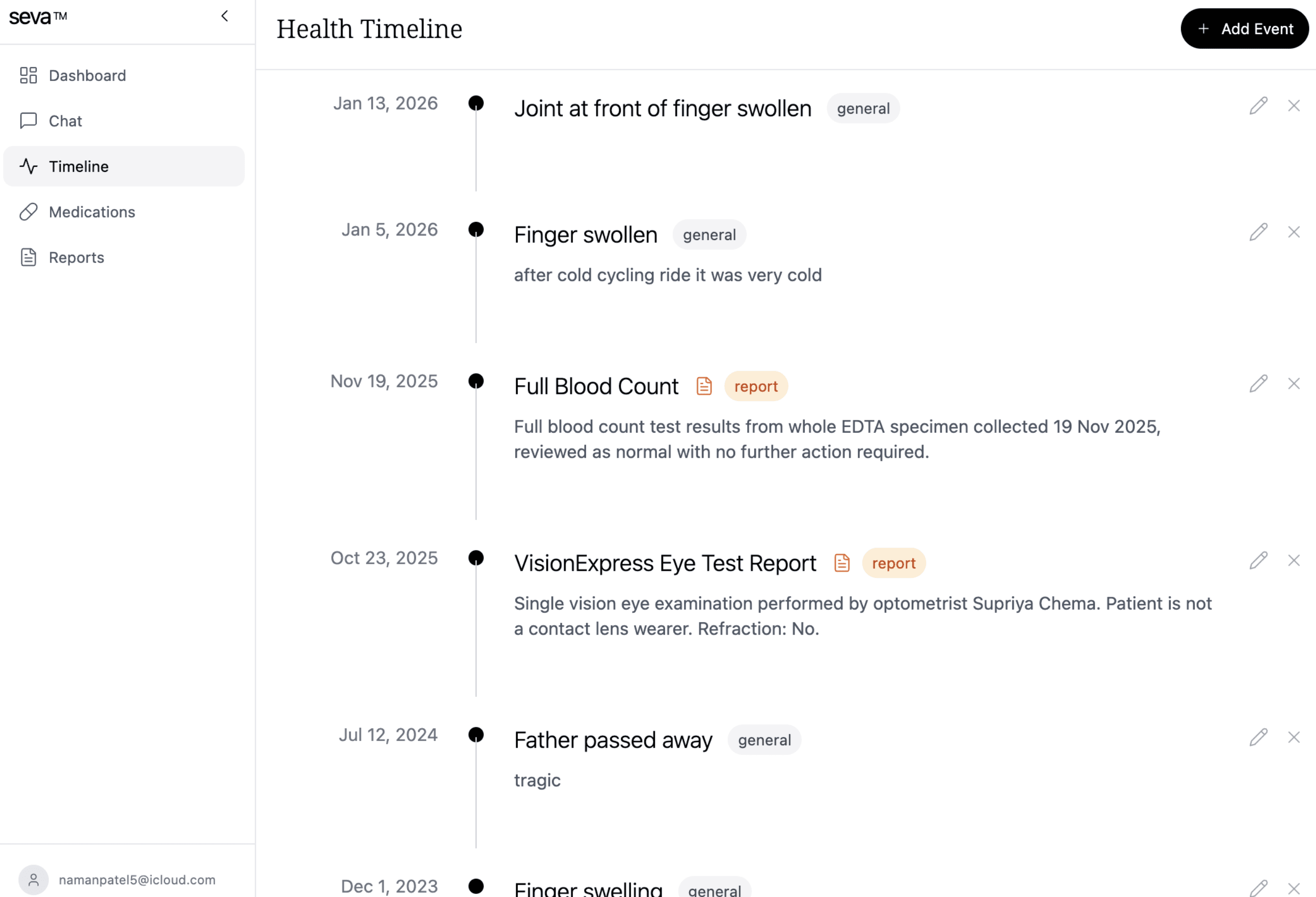 An image of Seva's health timeline feature