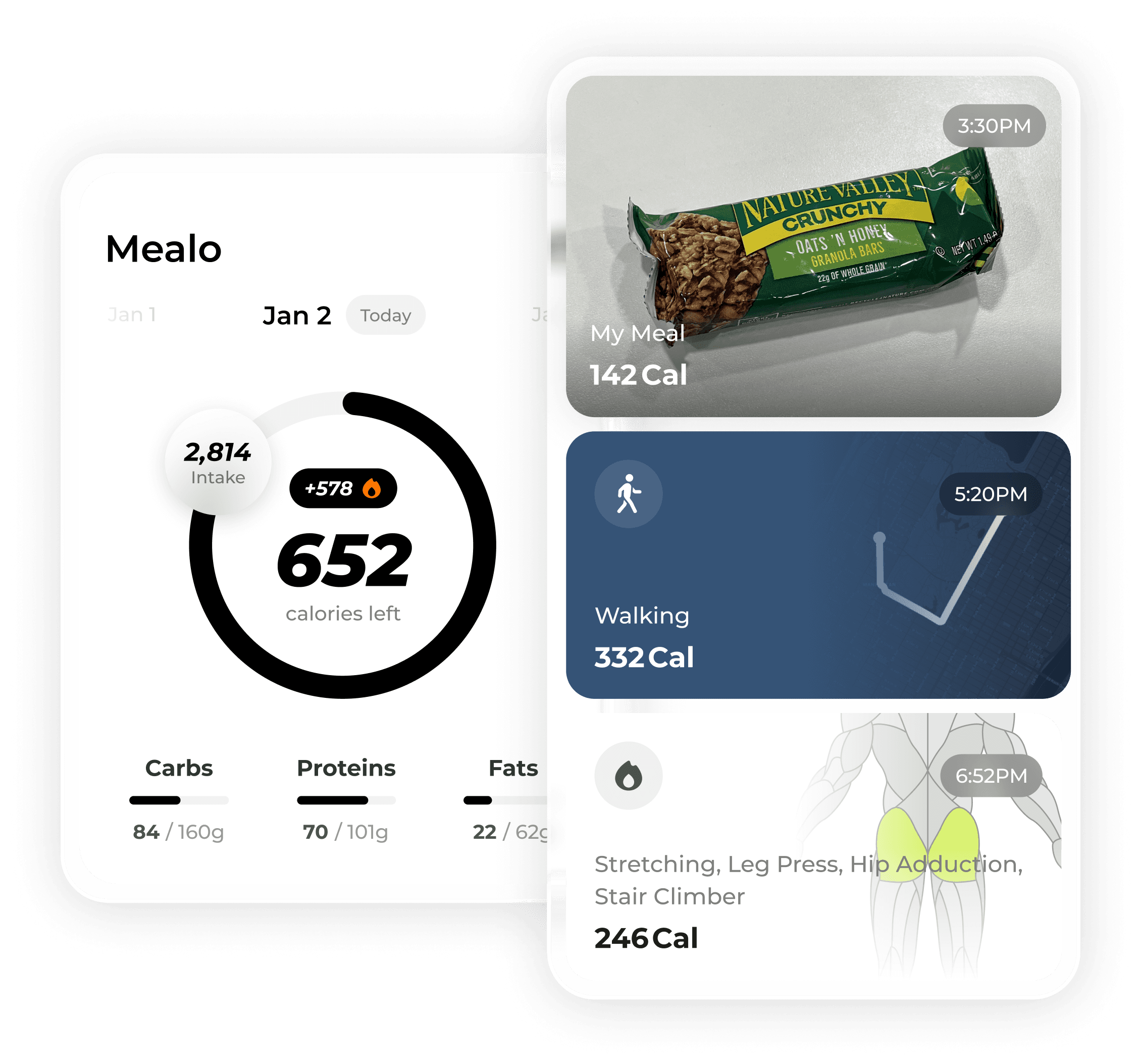 Meal card in Mealo app showing salad with egg and detailed calorie breakdown